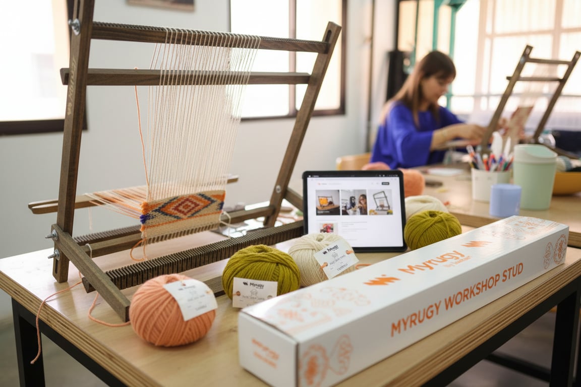 Close-up of the MyRugy Loom, showing beechwood frame and Lock-Step tension bar.