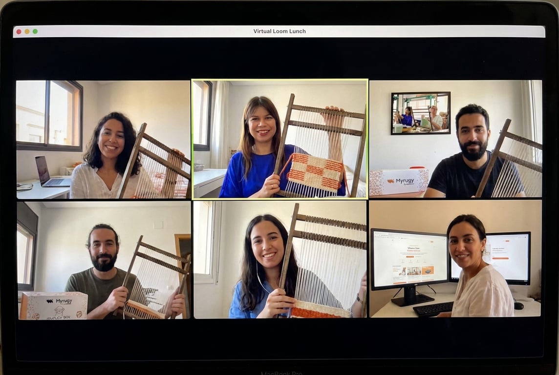 Team building with MyRugy Loom, weaving together remotely.