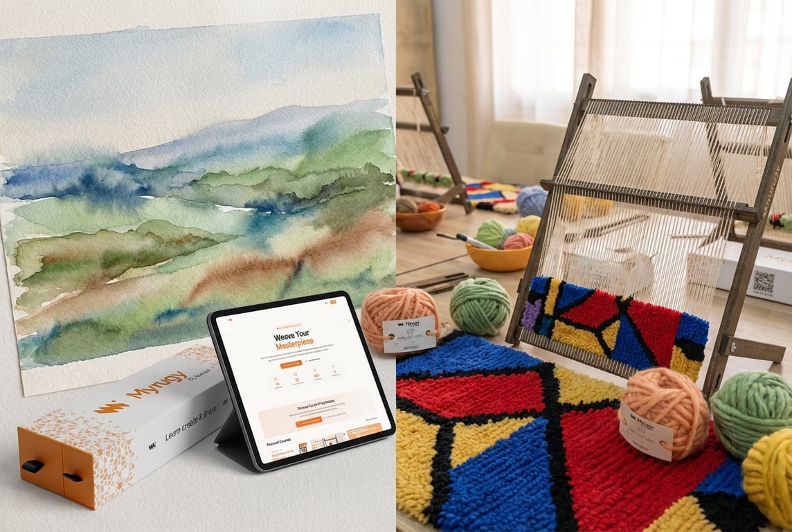 Watercolor painting vs. geometric rug design, illustrating MyRugy Academy's course focus.