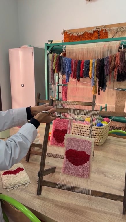 Colorful wool yarns for rug weaving, Berber-inspired design motifs.