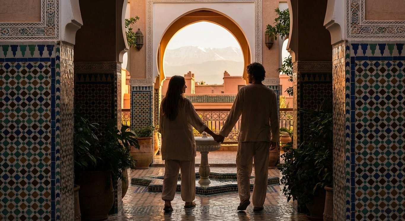 Couple walking in a romantic riad in Marrakech, Morocco