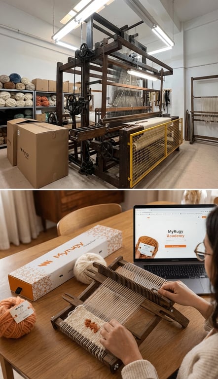 Industrial loom vs. MyRugy home loom setup.