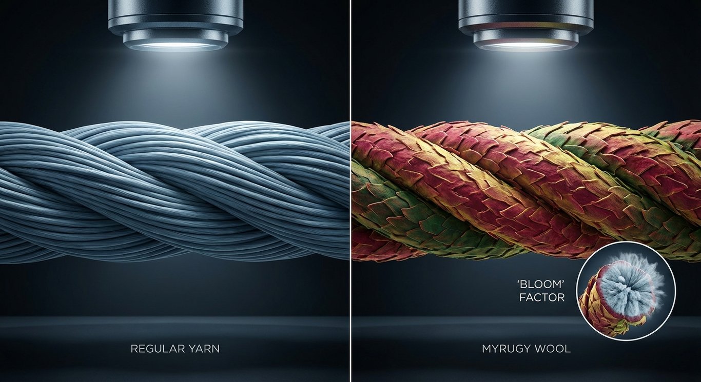 Comparison of MyRugy Wool and regular yarn under microscope