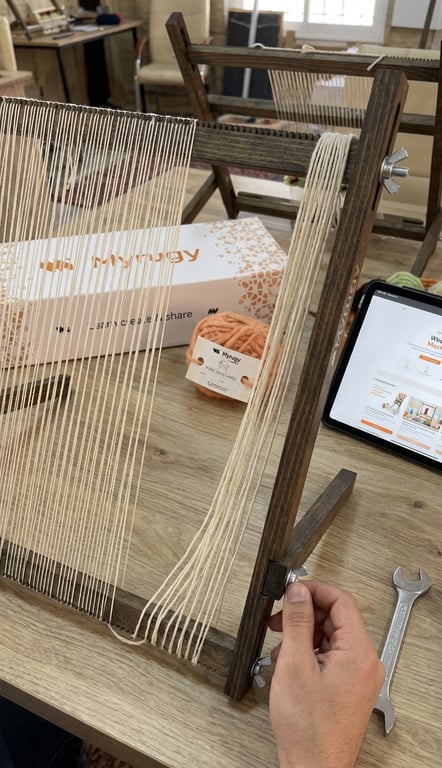 Sagging warp threads on a loom, with a hand tightening a wing nut.
