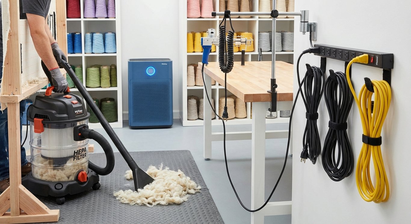 Clean and safe MyRugy workshop with vacuum, air purifier, and cable management.
