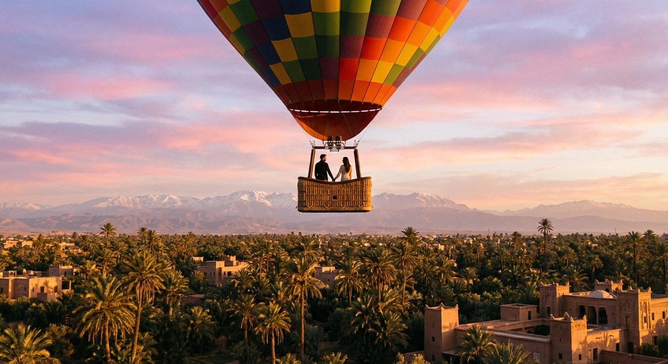 Hot air balloon ride over Marrakech at sunset, couple enjoying view
