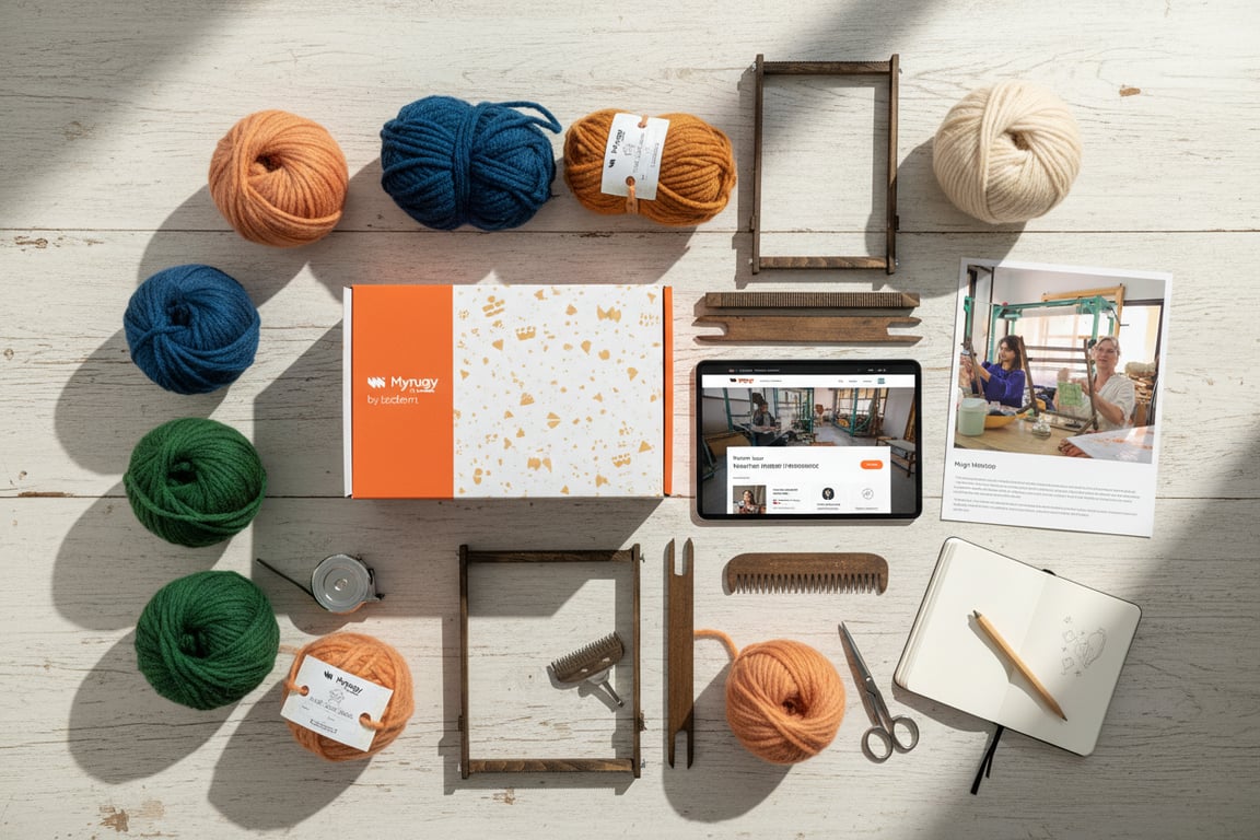 MyRugy Box contents flat lay: premium wool, tools, notebook.