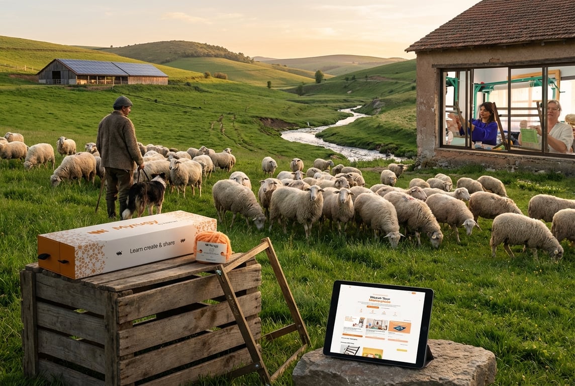 Shepherd with sheep in pasture, representing ethical MyRugy sourcing.