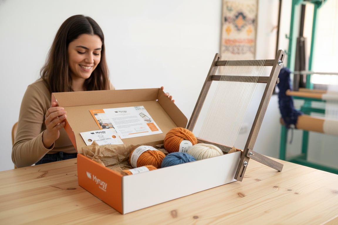 MyRugy Box unboxing, showcasing the joy of receiving curated weaving supplies.