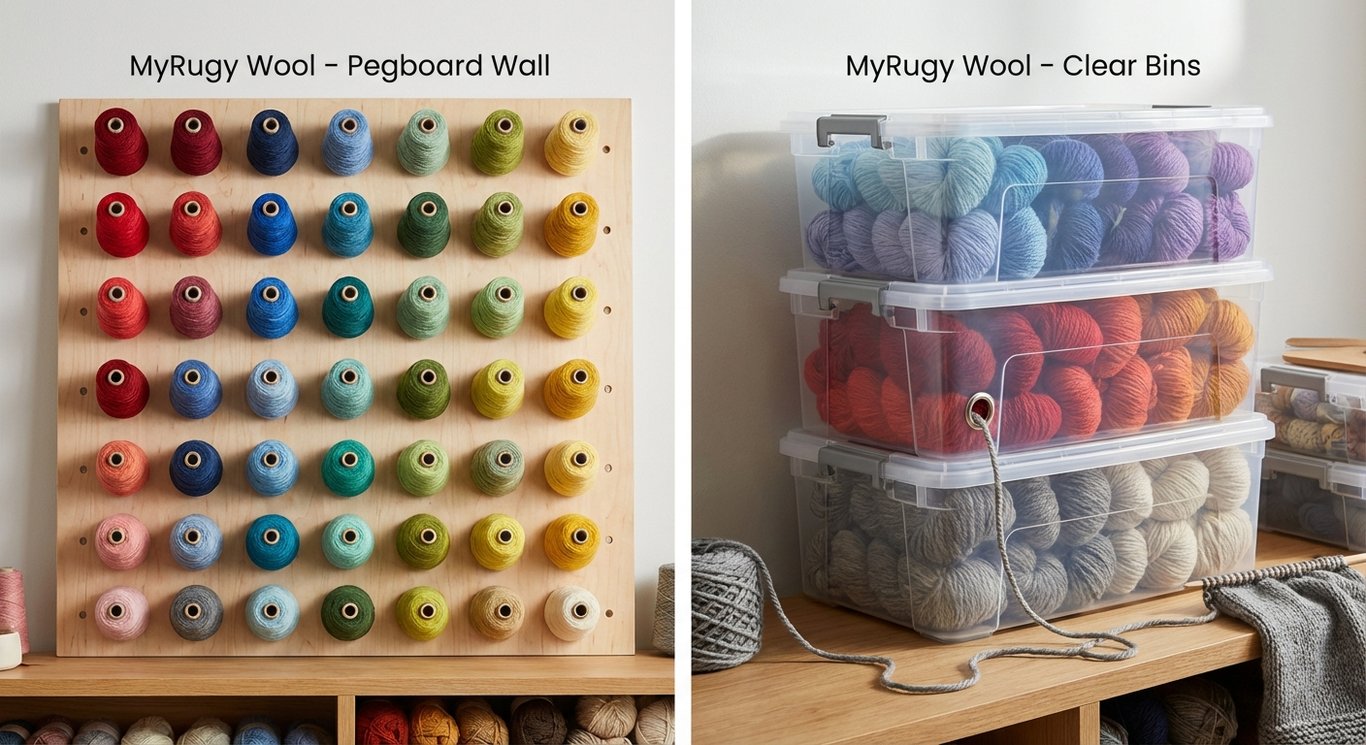 Two MyRugy wool storage solutions: yarn wall and bin storage.