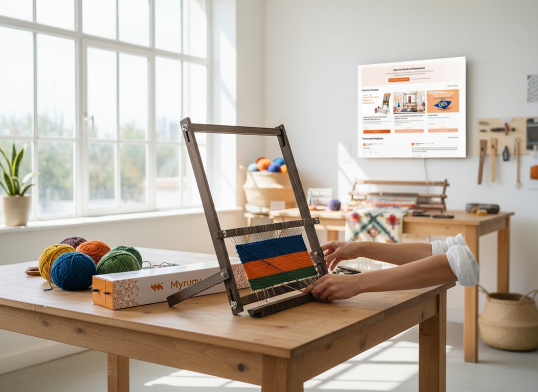 Hands warping a MyRugy loom, highlighting sustainable reuse.