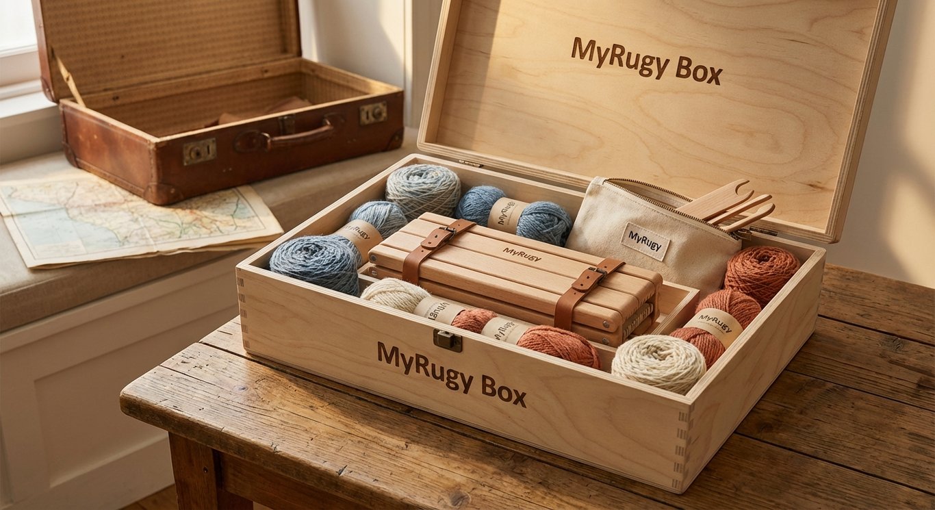 MyRugy Box open, showcasing loom, yarn, and tools for travel.