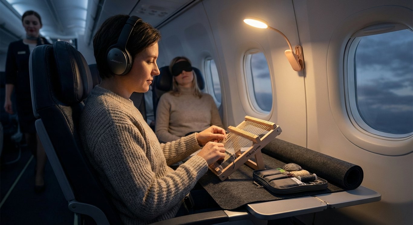Weaving with MyRugy Loom on an airplane, portable studio setup.
