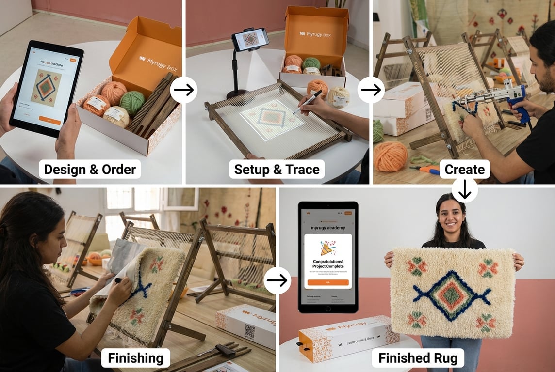 MyRugy ecosystem workflow: design to finished rug.