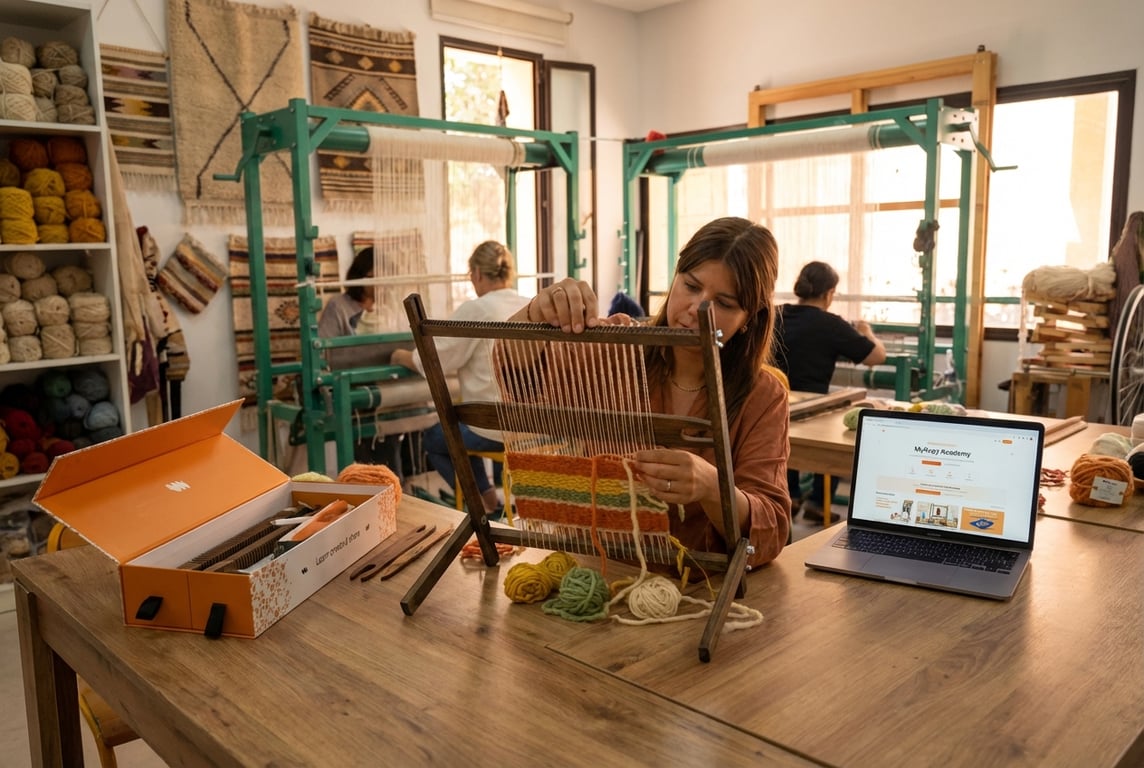 Weaver adjusting loom tension with MyRugy wool, showcasing skill.