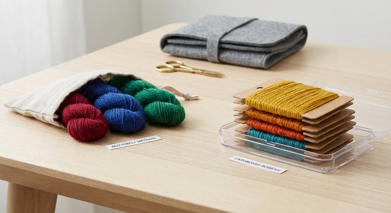 Butterfly yarn and cardboard bobbins, two travel weaving packing methods.