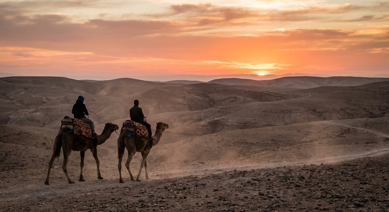 Couple riding camels in Agafay Desert at sunset, Marrakech