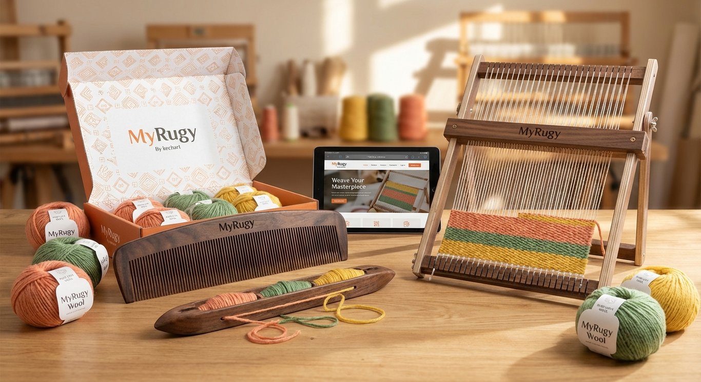 MyRugy Box tools: comb, shuttle, and wool.