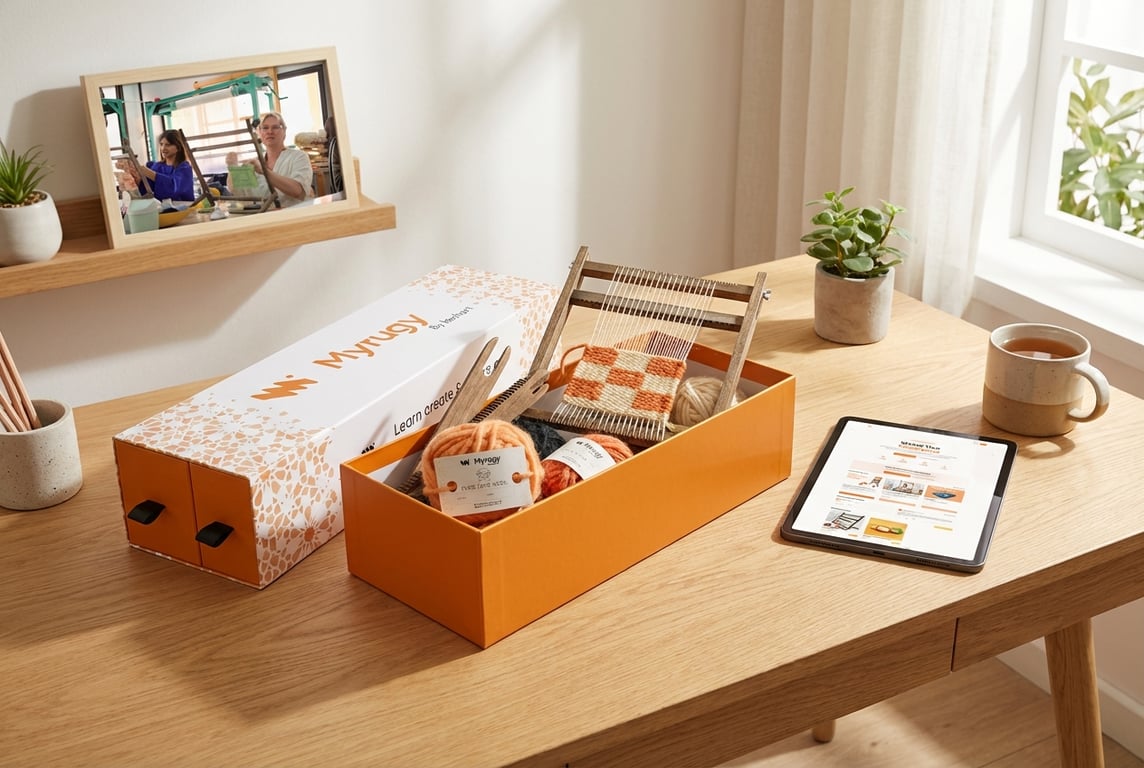 MyRugy Box, a creative corporate gift with yarn and weaving tools.