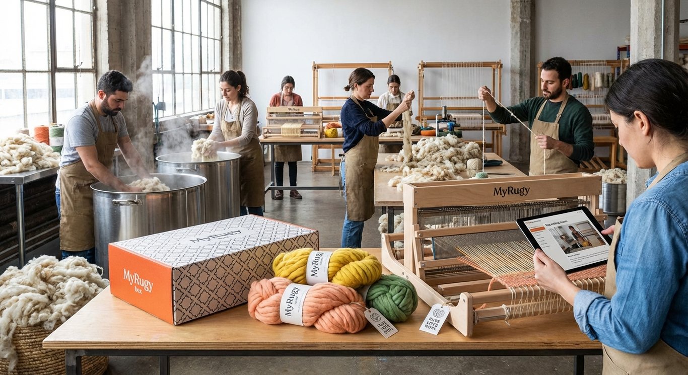 Artisans preparing wool in a MyRugy Workshop Studio.