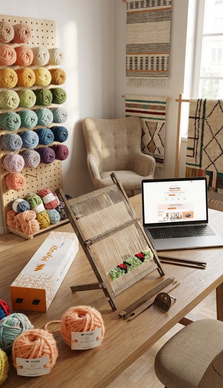 Inspiring MyRugy workshop studio with organized yarn and completed rugs.