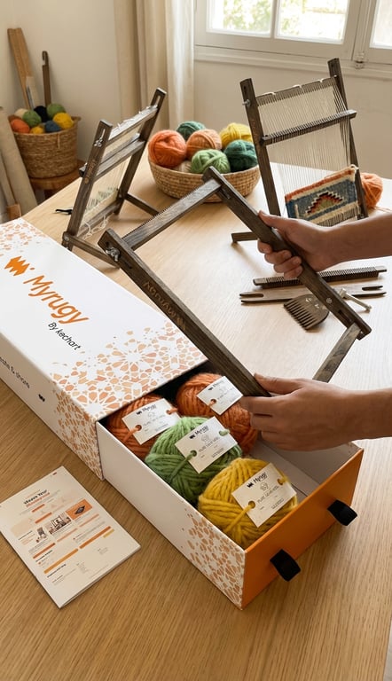 MyRugy Starter Box unboxing with loom, wool, and manual.