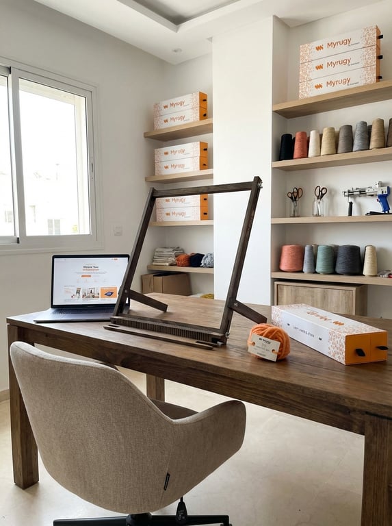 Well-organized home studio with MyRugy Loom and supplies.