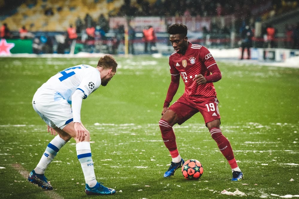 Kyiv, UKRAINE - November 23, 2021: Alphonso Davies Player during the UEFA Champions League match between FC Dynamo Kiev (Ukraine) vs FC Bayern Munich (Germany), Ukraine