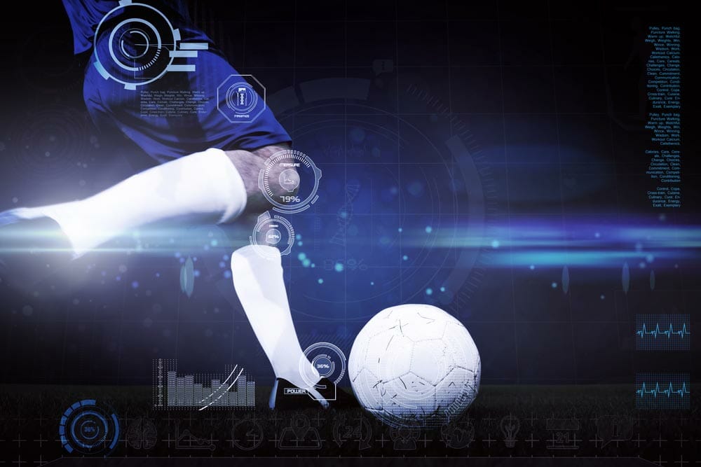Football player kicking ball against blue dots on black background