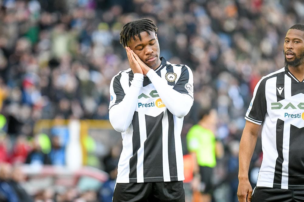 Udine, Italy, February 12, 2023, Udinese's Destiny Iyenoma Udogie portrait sleeping during italian soccer Serie A match Udinese Calcio vs US Sassuolo (portraits archive)