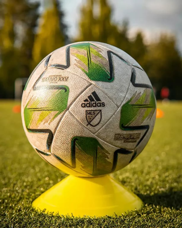 an adidas football with an MLS logo on a football cone