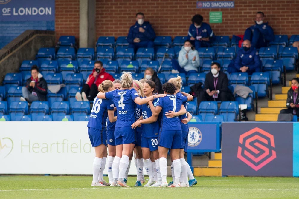 Fran Kirby (Chelsea FC) celebrates after scoring during the 2020-21 UEFA Women’s Champions League fixture between Chelsea FC and Bayern Munich at Kingsmeadow.
