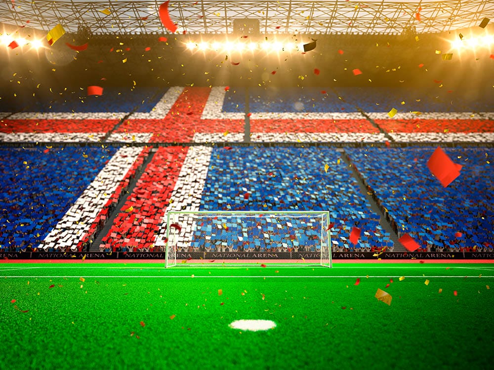 Flag Iceland of fans! Evening stadium arena soccer field championship win! Confetti and tinsel