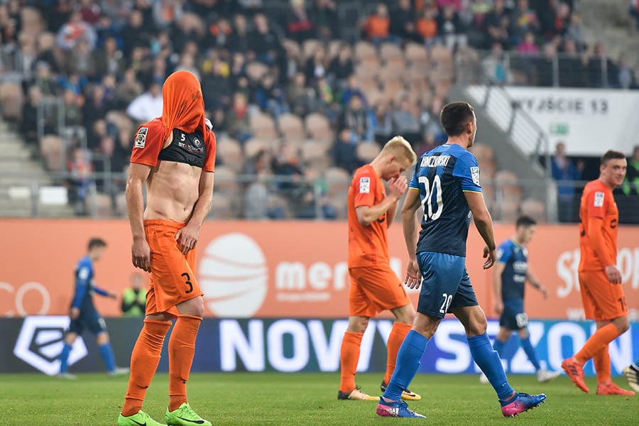 LUBIN, POLAND - OCTOBER 20, 2017: Match Polish Lotto Ekstraklasa between KGHM Zaglebie Lubin - Piast Gliwice 2:2. Sasa Balic (3) with hidden face.