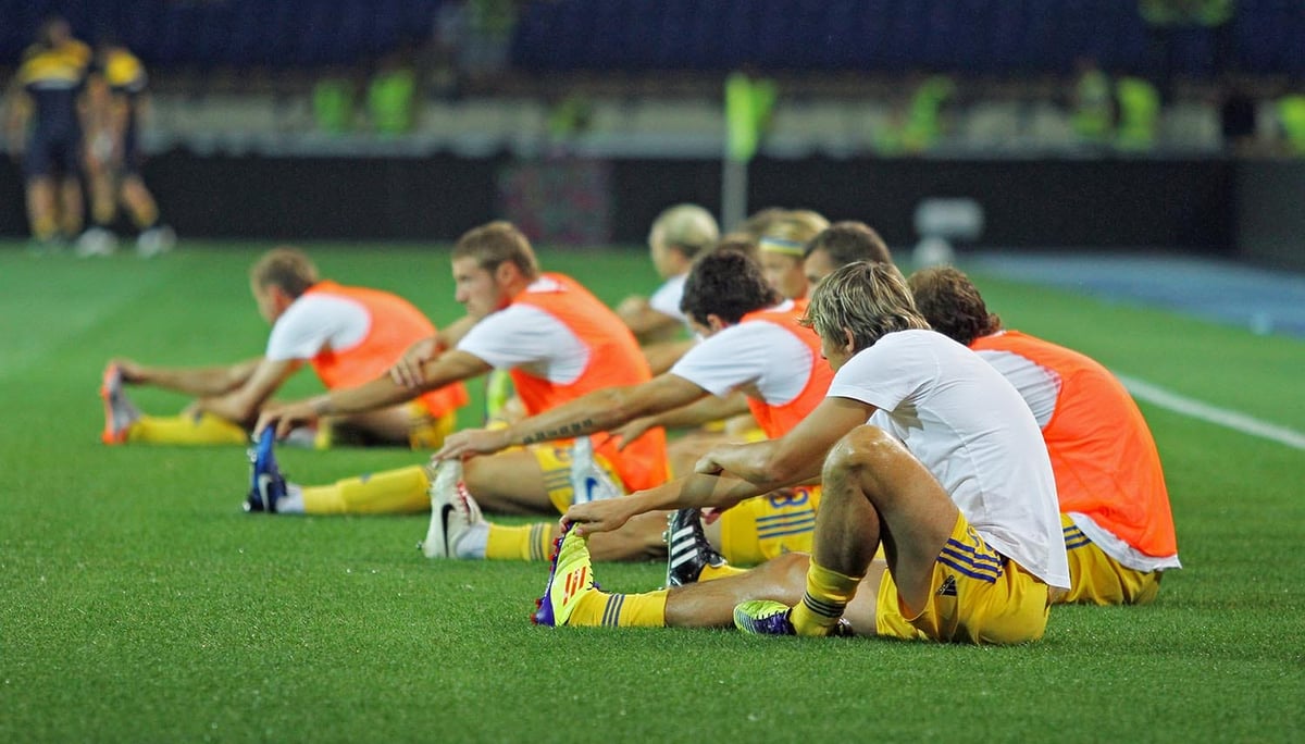 KHARKIV, UA - AUGUST 10: Ukrainian team warming-up before Ukraine - Sweden (0:1) national teams friendly football match, August 10, 2011 in Kharkov, Ukraine