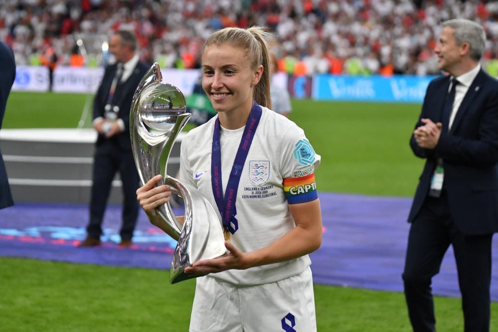 Wembley Stadium, London, England - 31 July 2022: Leah Williamson holding the Women's European Championship Trophy after winning with England