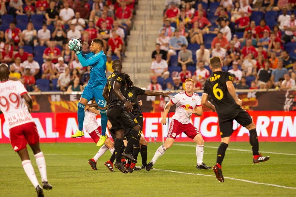 Harrison, NJ - July 28, 2018: Goalkeeper Zack Steffen (23) of Columbus Crew saves during regular MLS game against New York Red Bulls on Red Bull Arena Columbus Crew won 3 - 2