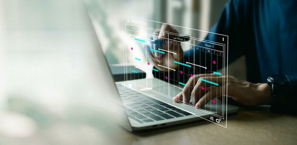 Project management concept, analyst working with computer in management system to make report with KPI and metrics connected to database.