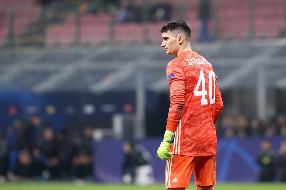 Dominik LivakoviÄ‡, Dinamo Zagreb goalkeeper, in the goal area during football match ATALANTA vs DINAMO ZAGREB, Champions League 2019/2020 day5, San Siro stadium