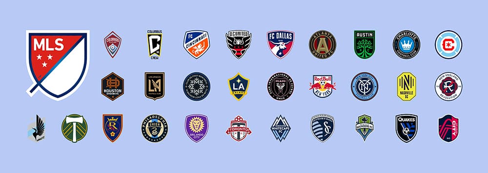 Major League Soccer. Football teams. Team logos. American League. Professional football. Set of team logos. Logos of football teams playing in the major football league.
