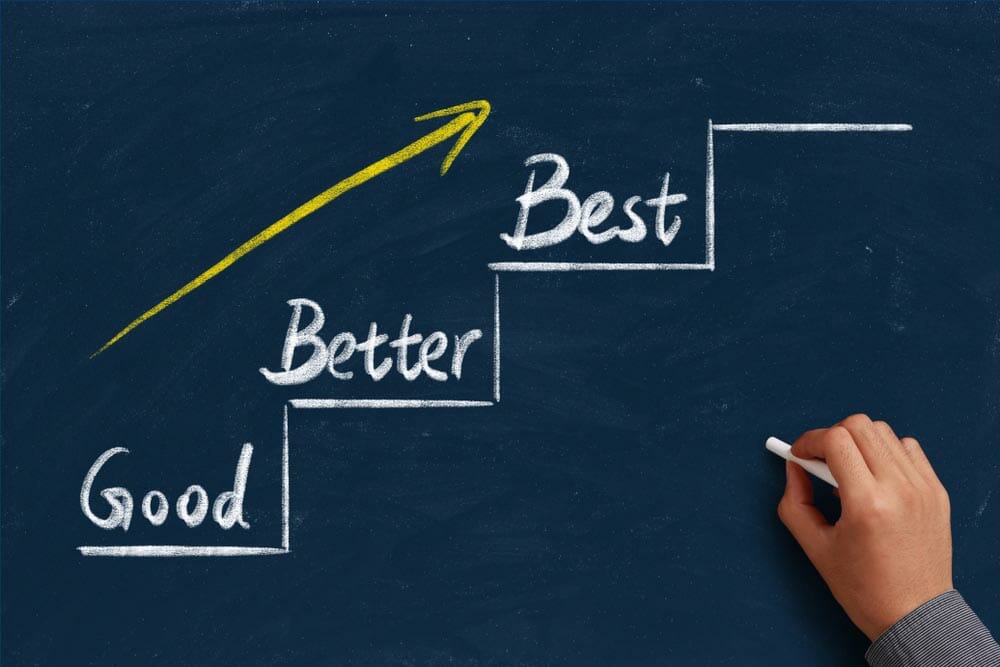 Good Better Best concept on the chalkboard with writing hand.
