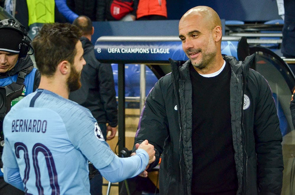Pep Guardiola thanks his players for the game during the UEFA Champions League match between Shakhtar vs Manchester City, Ukraine