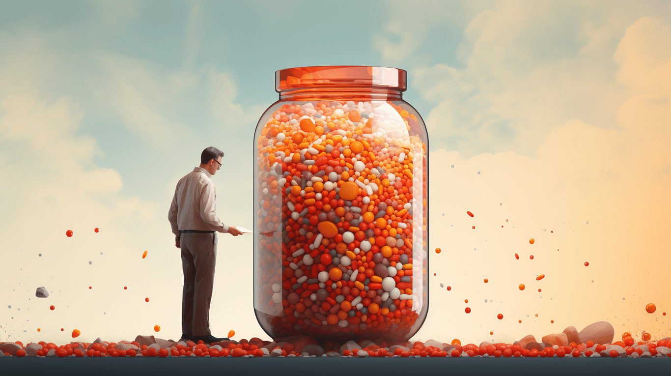 abstract image of a researcher studying a bottle of drug.