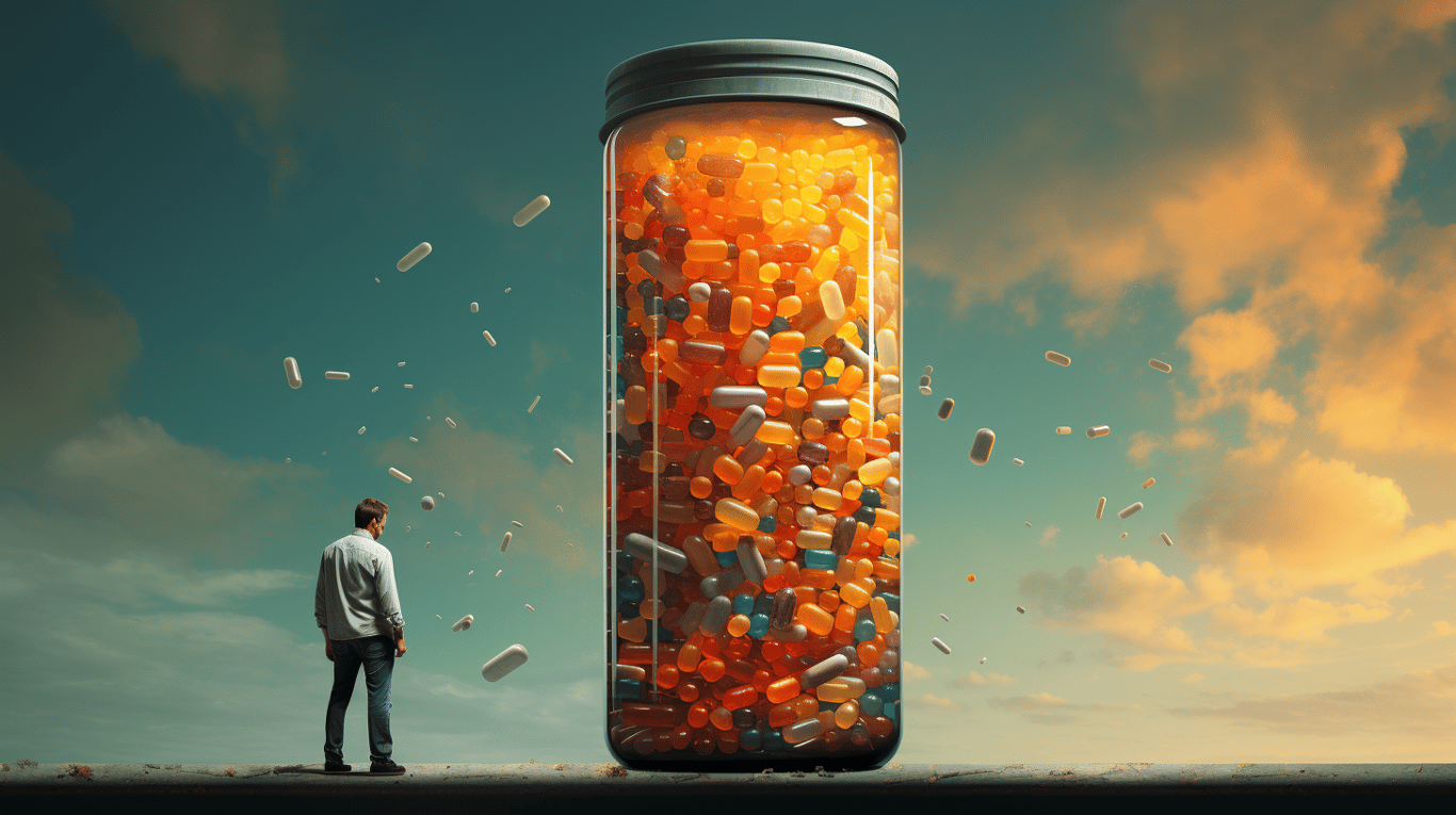 abstract image of a researcher studying a bottle of drug.