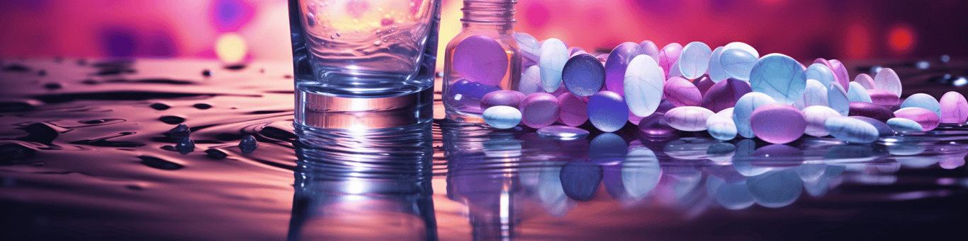 image of drug pills surrounding a glass of water symbolizing drug consumption