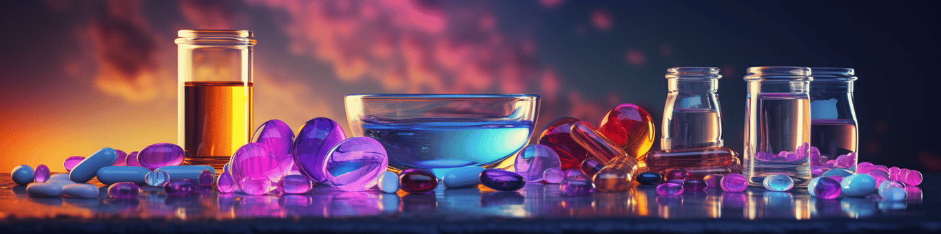 image of drug pills surrounding a glass of water symbolizing drug consumption