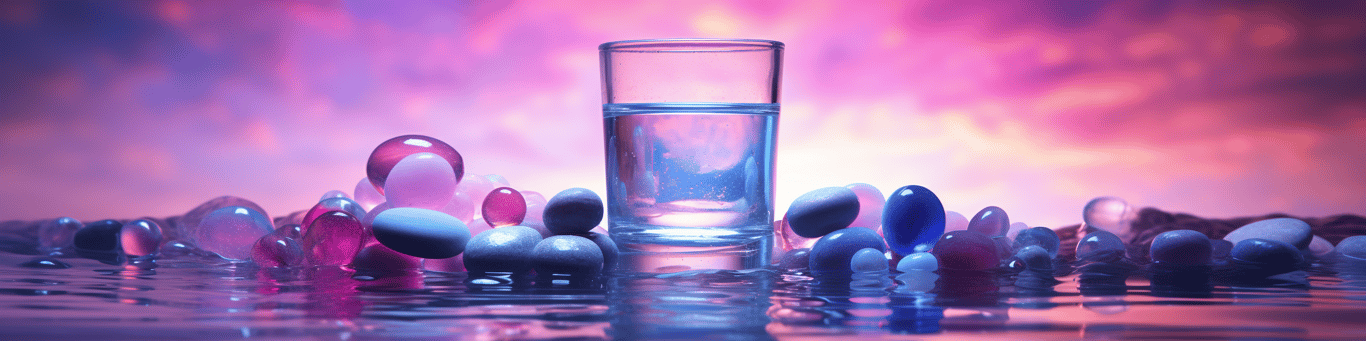 image of drug pills surrounding a glass of water symbolizing drug consumption