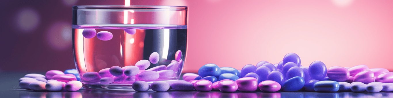 image of drug pills surrounding a glass of water symbolizing drug consumption