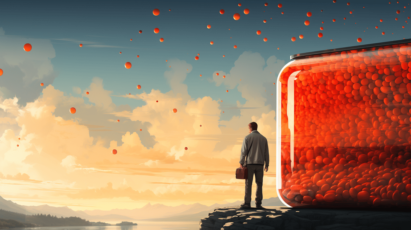 abstract image of a researcher studying a bottle of drug.