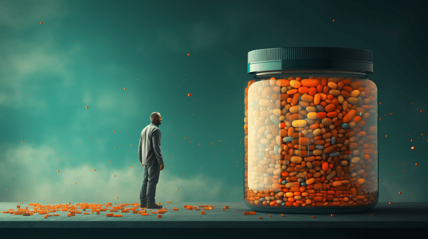 abstract image of a researcher studying a bottle of drug.